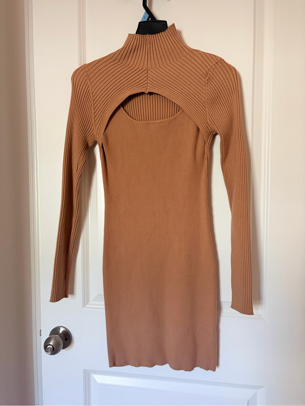 Promesa Ribbed Mock Neck Bodycon Dress in Tan
